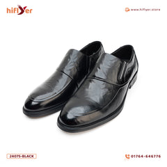 24075-Black Formal Genuine Cow Leather Oxford for Men Slip On Round Burnished Toe PU Leather Non Slip Low Top Slip Resistant Walking