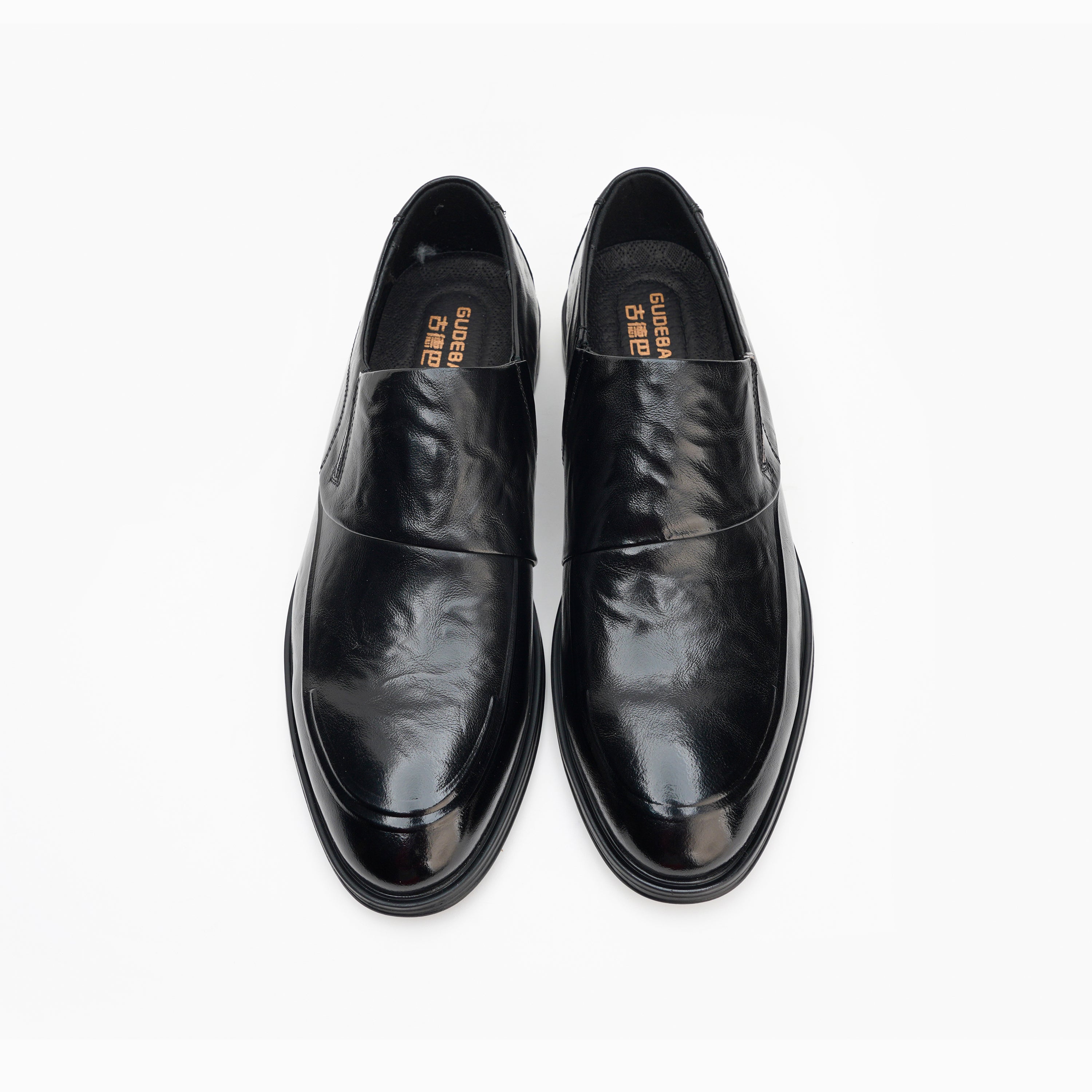 24075-Black Formal Genuine Cow Leather Oxford for Men Slip On Round Burnished Toe PU Leather Non Slip Low Top Slip Resistant Walking