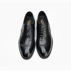 24075-Black Formal Genuine Cow Leather Oxford for Men Slip On Round Burnished Toe PU Leather Non Slip Low Top Slip Resistant Walking