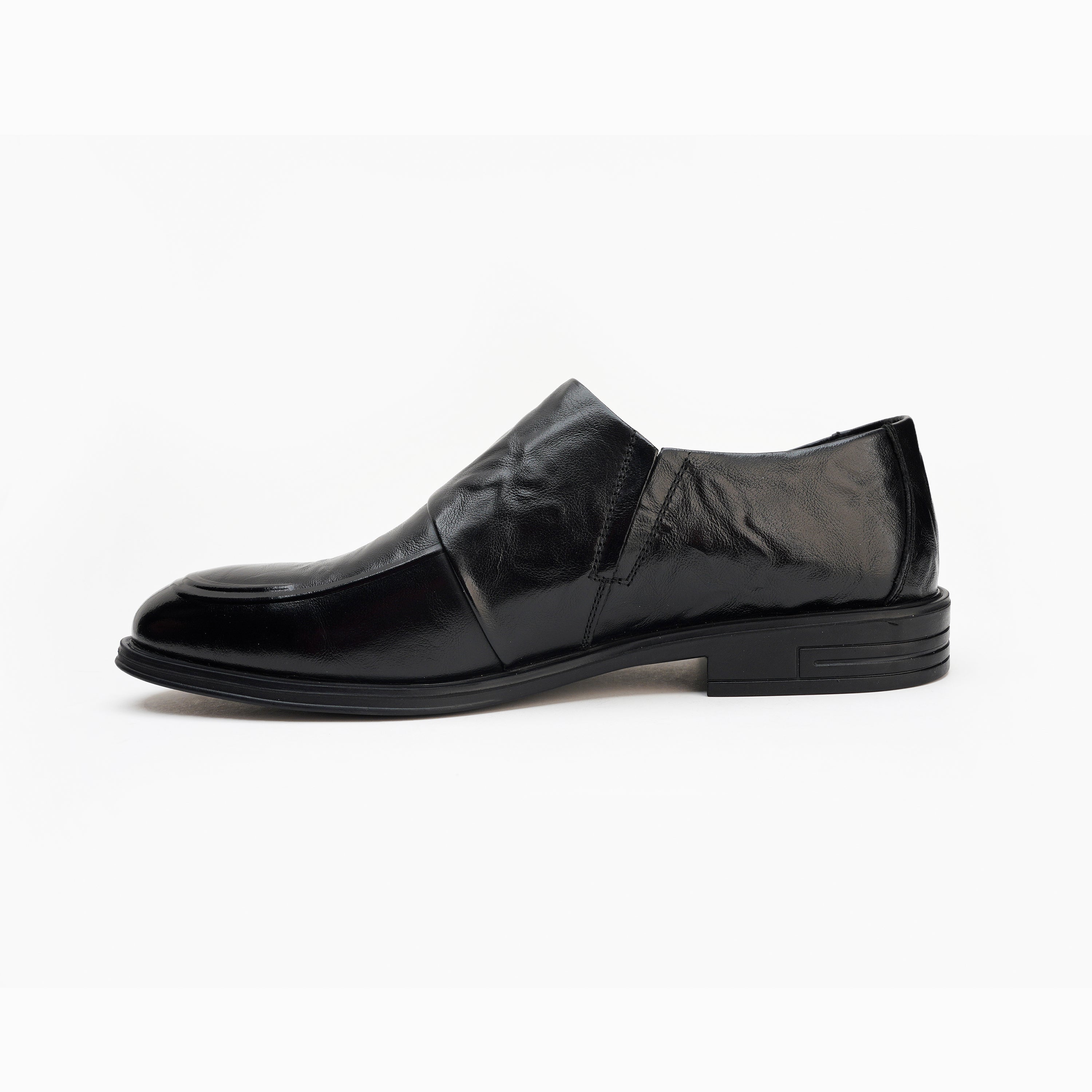 24075-Black Formal Genuine Cow Leather Oxford for Men Slip On Round Burnished Toe PU Leather Non Slip Low Top Slip Resistant Walking