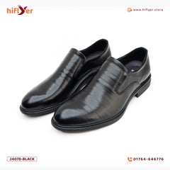 24078-Black Formal Genuine Cow Leather Oxford for Men Slip On Round Burnished Non Slip Low Top Slip Resistant Walking