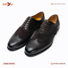 25008-Coffee Formal Genuine Cow Leather Italian Brown Suede & Leather Formal Lace Up Oxford Brogue Dress Shoes for Men