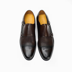 25017-Coffee Genuine Cow leather Double Strap Formal Shoes with TPR Welted Sole Monk Strap For Men