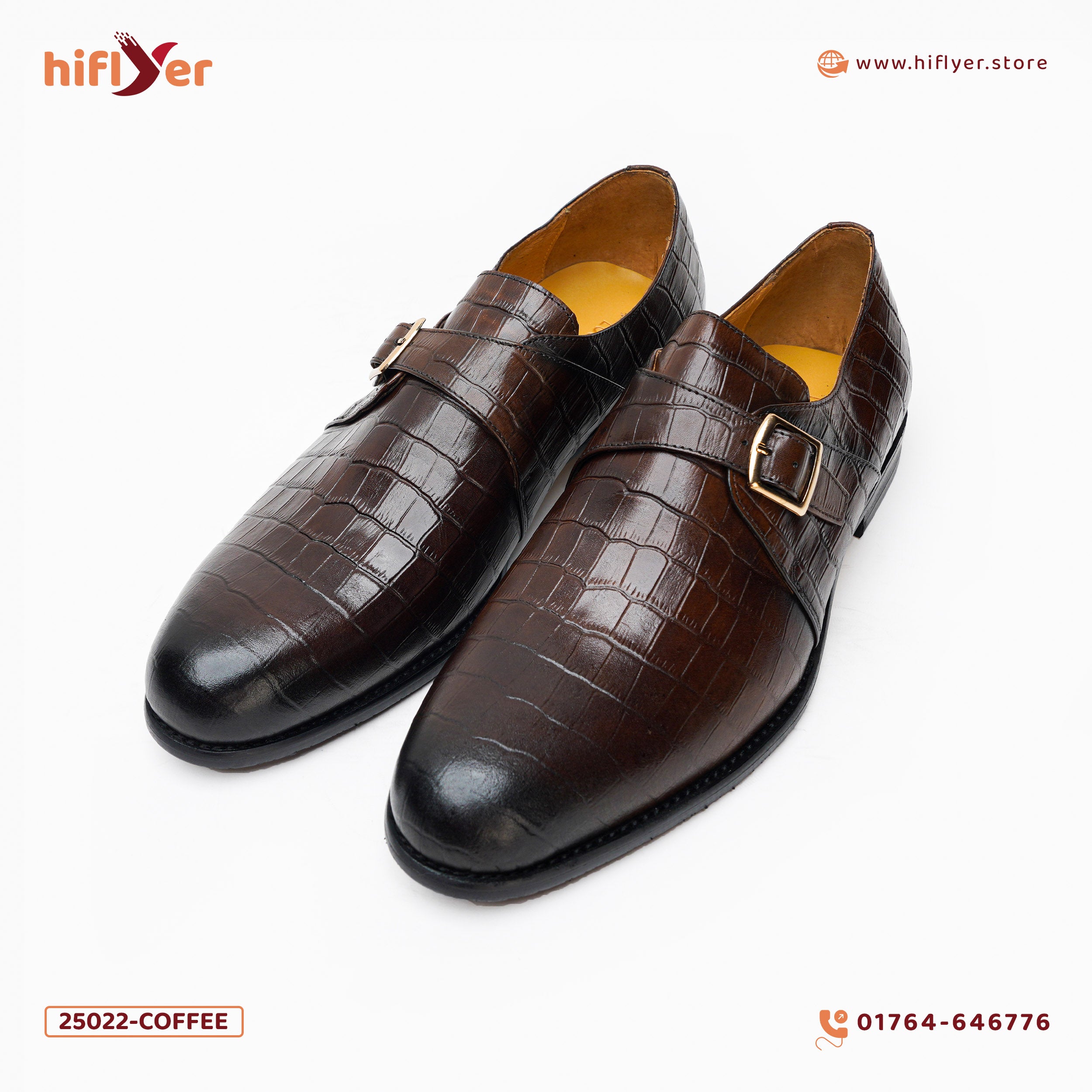 25022-Coffee  Formal Genuine Cow leather Single Monk Alligators with TPR Welted Sole Monk Strap For Men