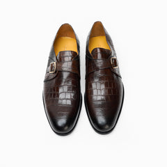 25022-Coffee  Formal Genuine Cow leather Single Monk Alligators with TPR Welted Sole Monk Strap For Men