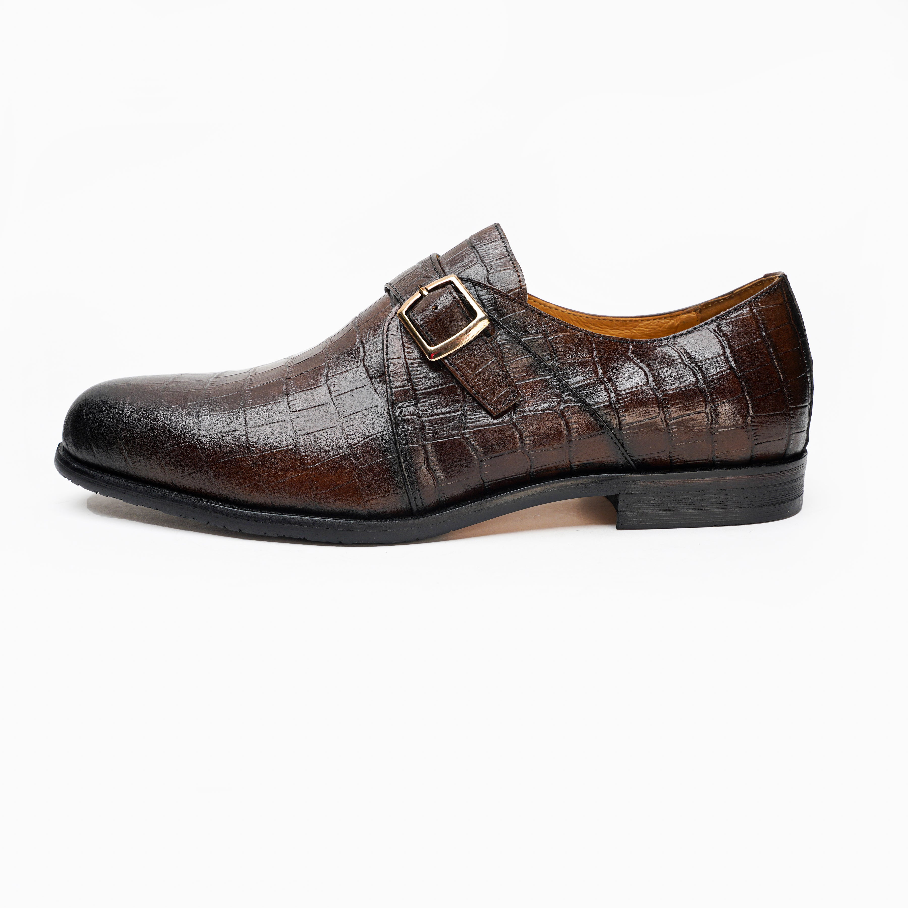 25022-Coffee  Formal Genuine Cow leather Single Monk Alligators with TPR Welted Sole Monk Strap For Men