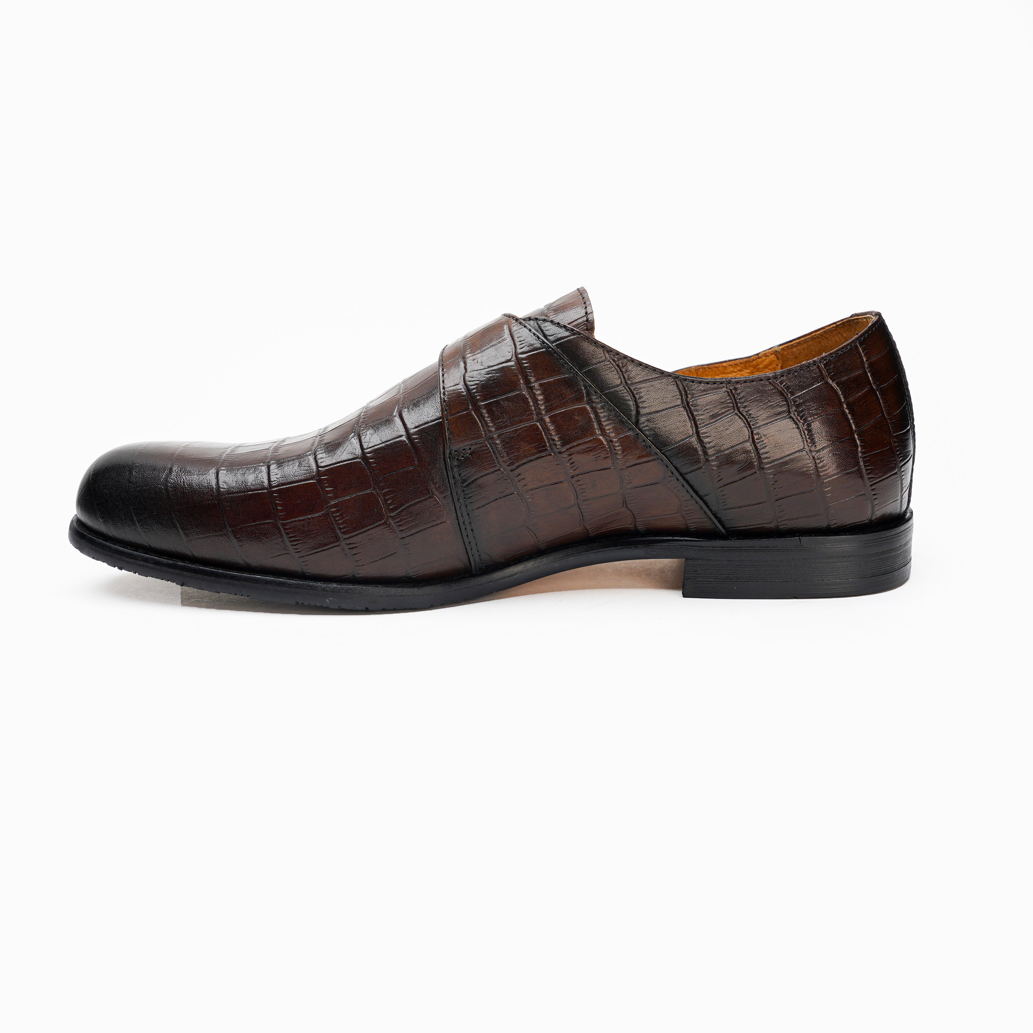 25022-Coffee  Formal Genuine Cow leather Single Monk Alligators with TPR Welted Sole Monk Strap For Men