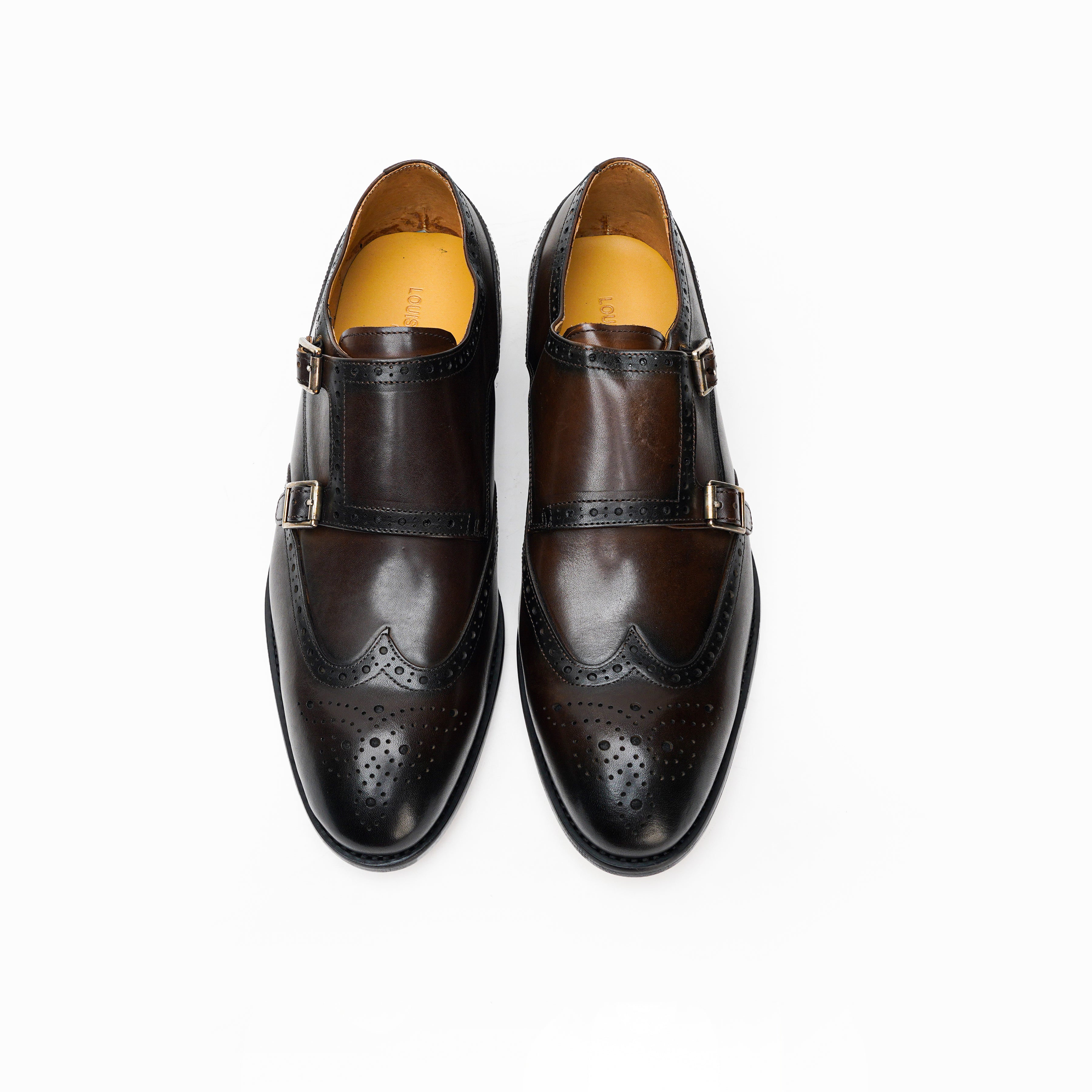 25025-Coffee Formal Genuine Cow leather Double Straps Alligators with TPR Welted Sole Monk Strap For Men