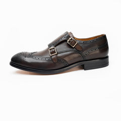 25025-Coffee Formal Genuine Cow leather Double Straps Alligators with TPR Welted Sole Monk Strap For Men