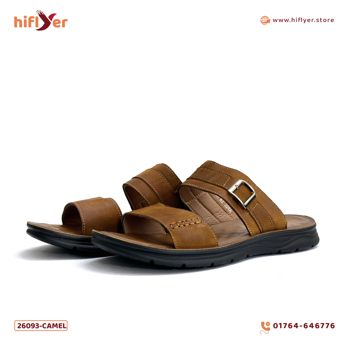 26093-Camel Genuine Cow Leather Premium High-Quality Slip-On Rubber Sandal For Men